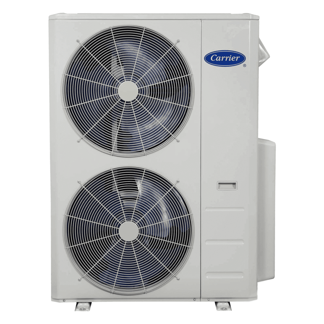 Outdoor HVAC unit with dual fans for cooling and heating.